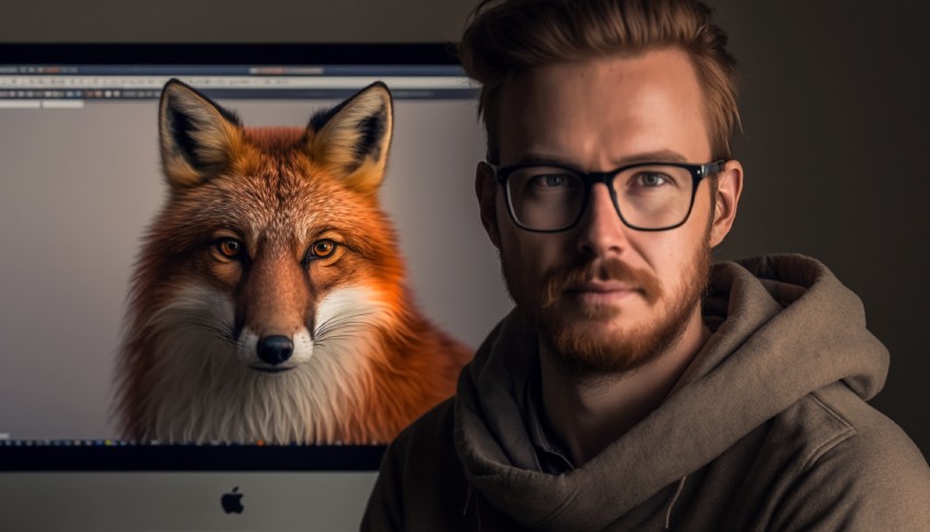 A senior developer looking at the camera with a fox on a monitor behind him