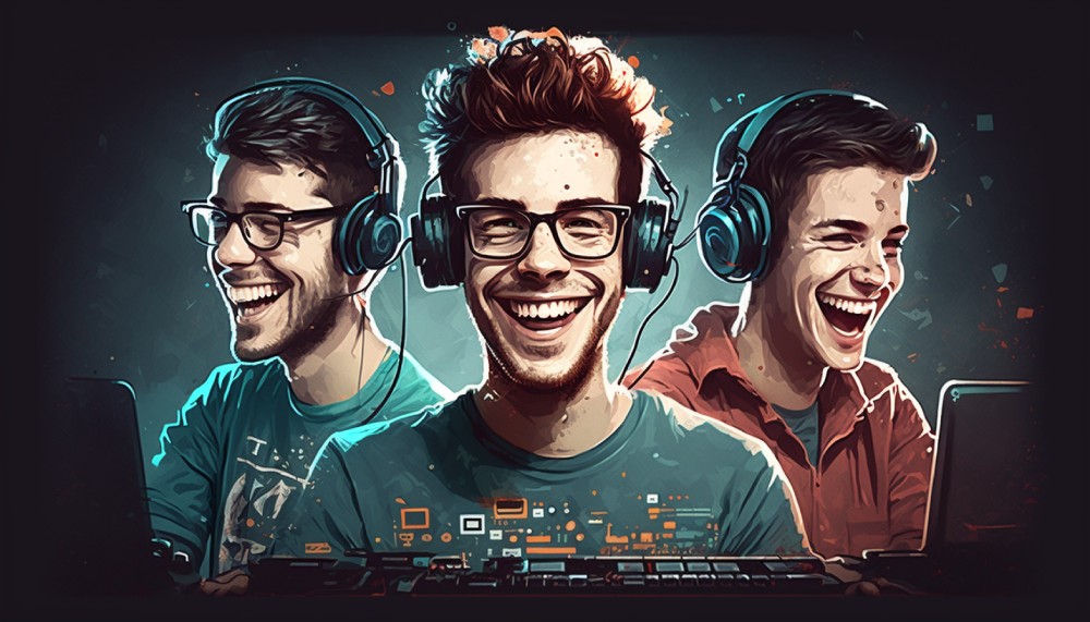 Three energetic and happy programmers sitting at their computers.
